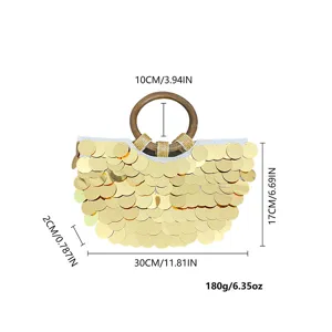 Gold sequin handbag with wood handle detail view showing dimensions and product weight specs