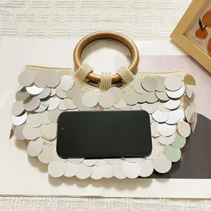 Silver sequin evening handbag with round wooden handle for women spring summer fashion