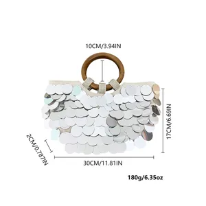 Silver sequin evening handbag with wooden round handle, shell shape elegant party purse 30cm
