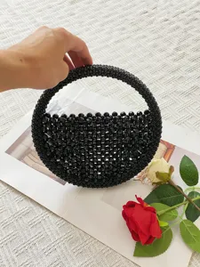 Handgemachte schwarze Perlen runde Handtasche, gewebte Kreis Tasche für Damen Mode Alltag.