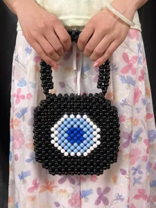 Handmade Beaded Woven Handbag For Women Acrylic Evil Eye Pattern Top Handle Bag Casual Travel Fashion Tote Bag