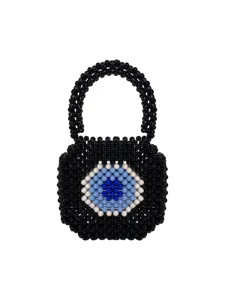 Handmade beaded handbag with evil eye design, stylish black and blue woven tote bag.