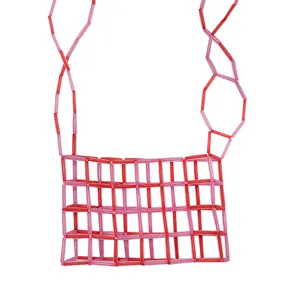 Borsa A Tracolla Perline Acrilico Fatta A Mano Rosa Rossa Tessuta Griglia Borsa.
