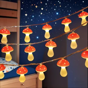 Detailed view of cute LED mushroom fairy lights glowing warmly, perfect for bedroom and patio decor.