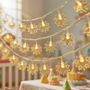 Close up of warm LED star string lights, perfect for cozy room decor and holiday party atmosphere.