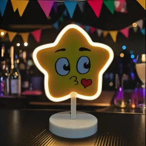 Süßer Cartoon Stern LED Neonschild Tischlampe Mit Weißem Sockelständer Bedruckter Lächelnder Ausdruck Leuchtender Rand Nachttisch Umgebungslicht Zuhause Schlafzimmer Schreibtisch Deko Nachtlicht