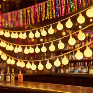 Detail view of LED globe string lights, warm white bulbs for cozy indoor outdoor decor.