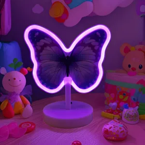 Schmetterling Neon Schreibtischlampe Detailansicht, farbiges LED Licht fuer Schlafzimmer.