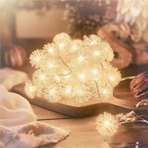 Cozy LED fluffy ball string lights detail, warm white fairy lights for bedroom home holiday decor.