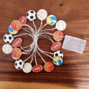 LED sports ball string lights detail, acrylic football basketball design for kids room decor.