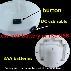 LED Lampenbasis Detailansicht mit Schalter, DC USB Anschluss und 3 AA Batteriefach.