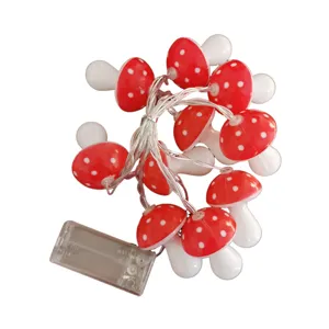 LED mushroom fairy string lights with red white dotted caps and battery box for indoor outdoor decor