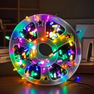 Close-up view of colorful LED string lights wound on a spool for vibrant indoor holiday decor.