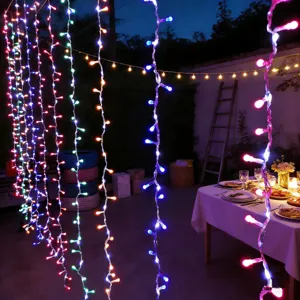 Detail shot of colorful LED waterfall curtain lights, perfect for outdoor patio and party decor.