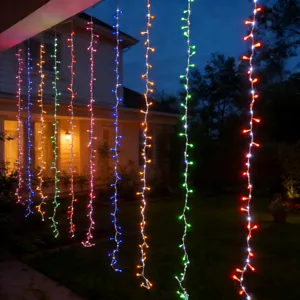 LED window curtain string lights detail view, colorful fairy lights for bedroom balcony.