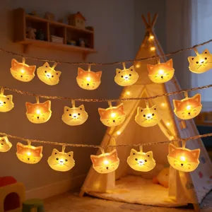 LED acrylic cat string lights detail, cute fairy lights for kids bedroom decor and ambient lighting.
