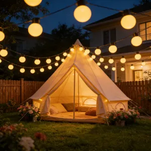 Cozy outdoor backyard nighttime camping scene featuring warm glowing LED string lights and tent setup.
