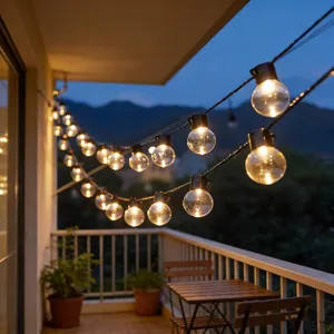 Outdoor solar G50 globe string lights detail view, warm lighting for cozy patio backyard decor.