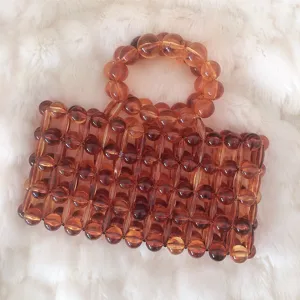 Women Fashion Acrylic Beaded Handbag Vintage Amber Grid Top Handle Bag Elegant Casual Satchel Purse For Daily Party