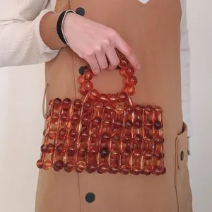 Handmade amber beaded square handbag, stylish retro net design elegant chic top handle bag