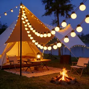Detailed view of outdoor LED string lights creating a cozy camping atmosphere at night.