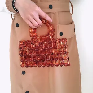 Handmade amber acrylic beaded square handbag, stylish ins style women top handle bag main view