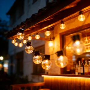 Detailed outdoor G50 LED string light hanging on eaves, creating warm patio ambiance.