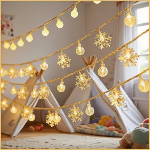 LED snowflake bubble ball string lights ideal for cozy room decor and festive party ambiance.