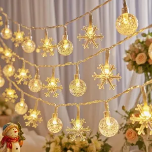 LED snowflake bubble ball string lights detail, warm ambient festive party holiday room decoration