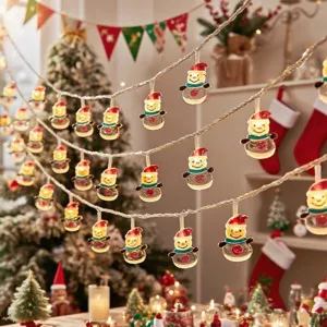 Detailed view of solar LED Christmas snowman string lights creating cozy festive holiday ambience.