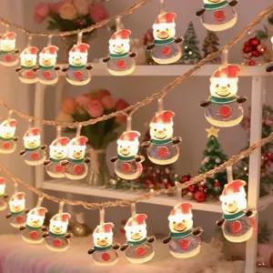 LED Christmas snowman string lights detail view, warm lighting for holiday party and room decor.
