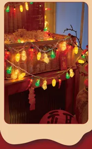 Detail view of Chinese New Year LED string lights featuring chili, corn, and peanut shapes.
