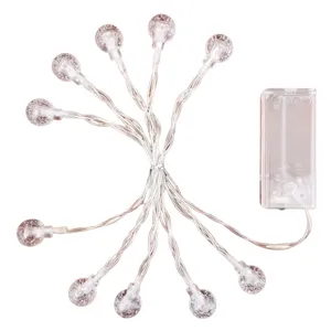 LED crystal ball string lights with clear battery box for indoor holiday bedroom decor.