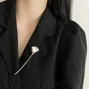 Elegant silver metallic leaf brooch for women, minimalist suit pin and fashion accessories.