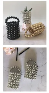 Detailed view of handmade beaded bucket bags in black, silver, and gold. Stylish woven handbag.