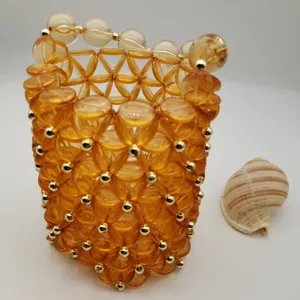 Amber beaded bucket bag hand-woven handbag fashionable women's chic shoulder knitted purse
