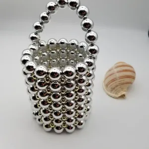 Silver gold beaded bucket bag handmade woven handbag stylish round evening bag for women