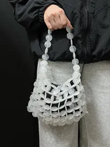 Transparante acryl kralen mesh handtas detail, modieuze holle casual handtas.