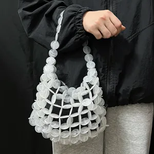 Dames Acryl Kralen Geweven Handtas Open gewerkt Tote Bag Casual Franse Stijl Handtas Dagelijkse Mode Tas