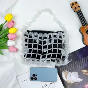 Koreaanse stijl kralen mesh hobo tas, trendy geweven handtas met chique zwarte voering.
