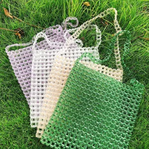 Borsa a Mano in Acrilico Perlinato Quadrato Trasparente Tessuta a Mano Borsa a Tracolla Casual Borsa a Mano con Catena di Perline per Donne