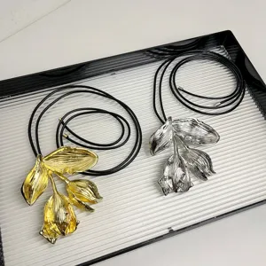 Metall blume anhänger halskette langes lederband pullover kette mode schmuck geschenk