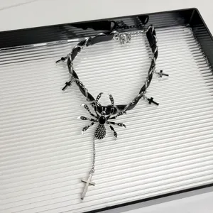 Dark punk leather choker necklace with silver chains, spider pendant and cross for women.
