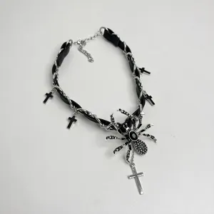 Dark punk spider cross choker necklace gothic leather chain collar jewelry detail view