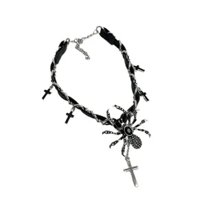 Dark punk gothic rhinestone spider cross choker necklace for women cool clavicle chain