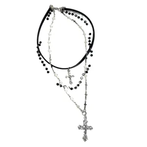Collana girocollo multistrato in pelle e perline con pendente croce gotica in stile punk