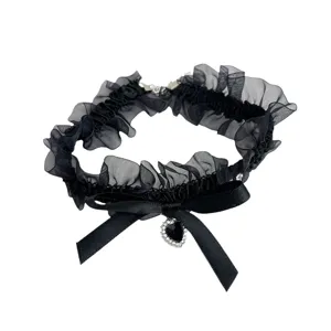 Black lace choker necklace with satin bow and rhinestone heart pendant for women gothic sweet.