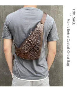 Men's retro crocodile pattern chest bag stylish casual outdoor leather sling crossbody bag