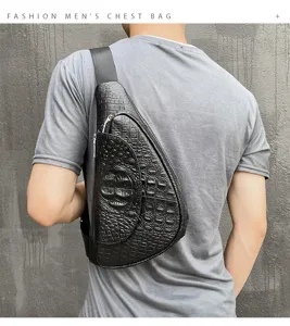 Men's crocodile pattern chest bag casual leather sling backpack for outdoor sports and daily use.