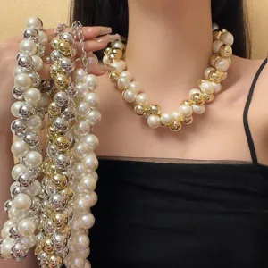 Übertriebene Legierung Künstliche Perle Traubenbündel Choker Kette Barock Metall Farbblock Schlüsselbein Kette Statement Halsketten Für Damen Party Schmuck Geschenk